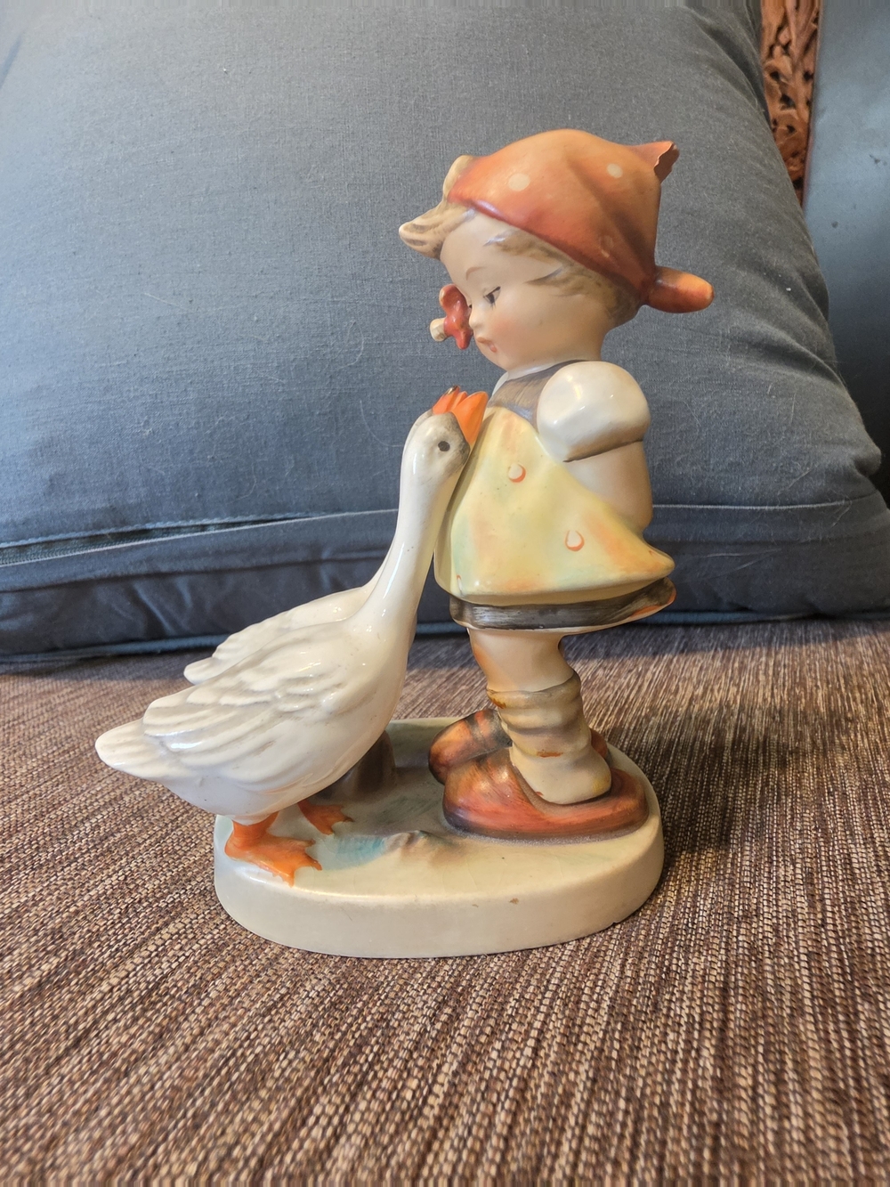 Vintage HUMMEL Hand-Painted Ceramic Girl and Goose Figurine - Yellow & Orange